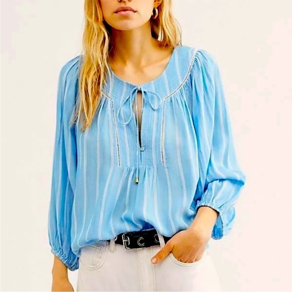 FREE PEOPLE BOHO FLOWY SKY BLUE AND WHITE STRIPED BALLOON SLEEVES TOP SI… - Picture 1 of 10